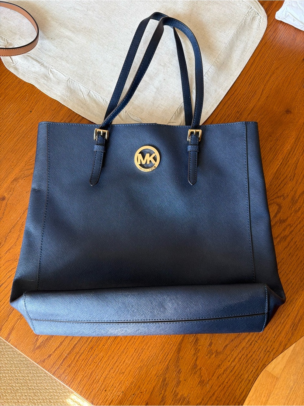 Michael Kors BlueLeather Tote with Gold MK Emblem